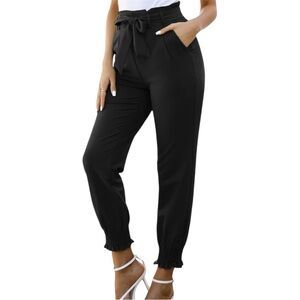 NWT Grace Karin Paperbag High Waist Jogger Pants Sz Medium Black Belted Pockets